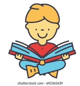 Kid reading a book concept. Line vector icon. Editable stroke. Flat linear illustration isolated on white background