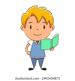 Kid reading book, hand on hip, schoolboy