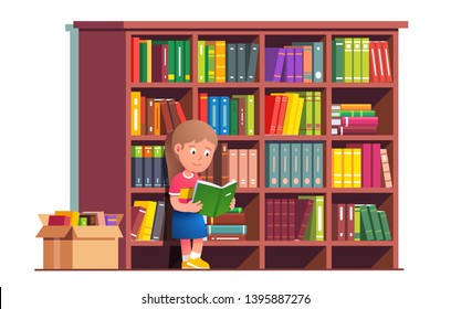 Kid reading book leaning on big bookcase full of books. Smart girl bookworm studying absorbing knowledge. Very intelligent child. Flat vector student character illustration