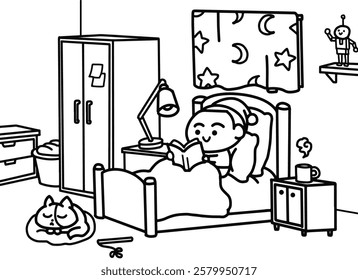 Kid reading a book on the bed.
