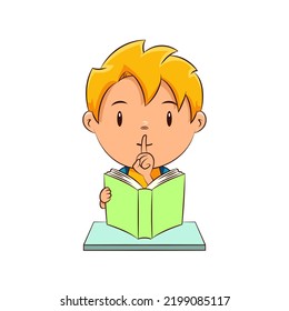 Kid reading book, silence gesture, cute child