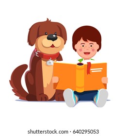 Kid Reading A Book Sitting Next His Cute Happy Dog Best Friend. Boy & Pooch Learning Together. Flat Style Vector Illustration Isolated On White Background.