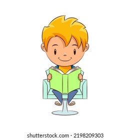 Kid reading book, sitting on chair, vector illustration