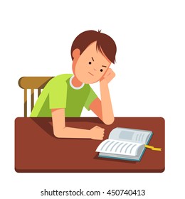 Kid reading a book at the table. Vector illustration of reading kid in the room. The boy sits at the table his head in his hand. The boy learns lessons