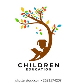 Kid Reading Book with tree, Education logo design vector template