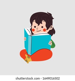 Kid reading book vector illustration.Kid sitting with book and reading,thinking illustration on white background