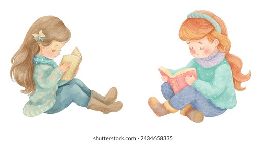 kid reading a book watercolour vector illustration 