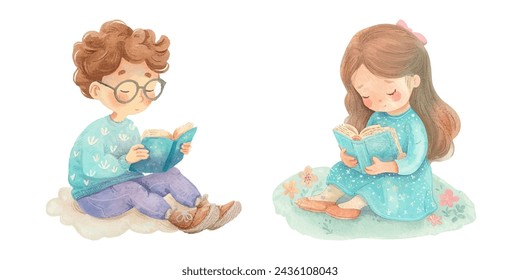 kid reading a book watercolour vector illustration