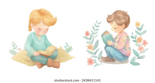 kid reading a book watercolour vector illustration