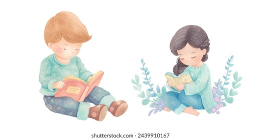 kid reading a book watercolour vector illustration