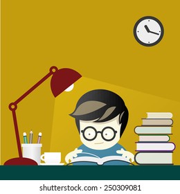 kid is reading book  in yellow room, illustration vector
