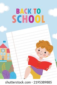 lectura de libros para niños, de vuelta a la escuela, concepto educativo, plantilla para folletos publicitarios, texto, niños y marco, niño y marco,Ilustración vectorial, niños felices con dibujos animados.Ilustración