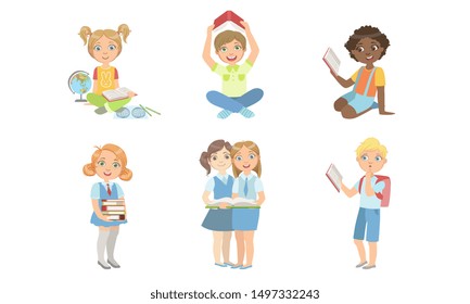 Kid Reading Books Set, Elementary School Students Studying and Enjoying Literature Vector Illustration