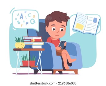 Kid reading digital book on mobile phone at home. Boy child person sitting in armchair holding cell smartphone reading literature online. Education, knowledge concept flat vector illustration