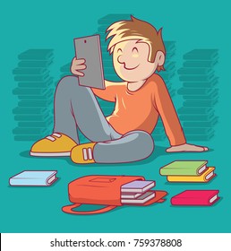 kid Reading a Ebook vector illustration. Study, knowledge education design concept