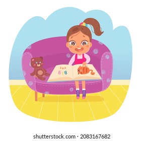 Kid reading open story book with laugh vector illustration. Cartoon little childr sitting in chair with teddy bear, cute girl laughing from funny literature from library isolated on white.