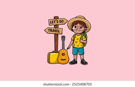 Criança pronta para viajar com mochila, mala e violão.