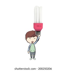 Kid with realistic bulb isolated over white