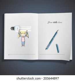 Kid with realistic bulb printed on book