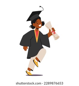 Kid Receive Graduation Diploma Isolated On White Background. Happy Little Girl Character in Gown Walk with Certificate Scroll in Hand Beaming Happiness and Proud. Cartoon People Vector Illustration