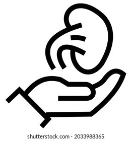 Kid receiving hand icon, stroke line drawing style, black and white color.