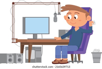 Kid Recording Podcast. Funny Cartoon Character Sitting At Computer Desk