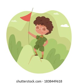 Kid with red flag on top of hill. Boy scout climbs on mountain during camping trip in forest in summer. Outdoor adventure scene vector illustration. Reaching goal hiking high up.