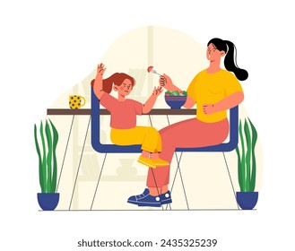 Kid refuse eat. Daughter dont want food from mother. Schoolchild with salad in bowl. Angry and naughty child at kitchen. Cartoon flat vector illustration isolated on white background