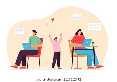 Kid requiring attention from working parents. People chatting via social networks neglecting real communication flat vector illustration. Addiction, social media concept for banner, website design