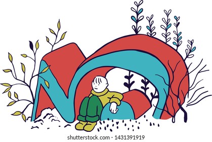 A kid resting in a strange garden, sitting on the ground in front of a big number "3" among the plants.