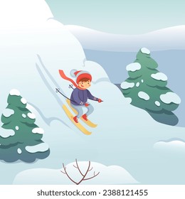 Kid rides ski in winter mountain vector illustration. Cartoon happy boy skiing, fun activity and leisure of children. Season, sport, family, active concept