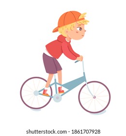 Kid riding bike. Happy cool boy in cap standing on bicycle isolated on white background. Recreation and sport at park outdoor vector illustration. Modern teen youth leisure.