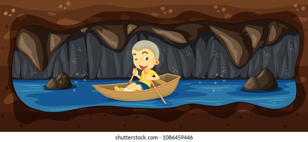 A Kid Riding a Boat in the River Cave illustration