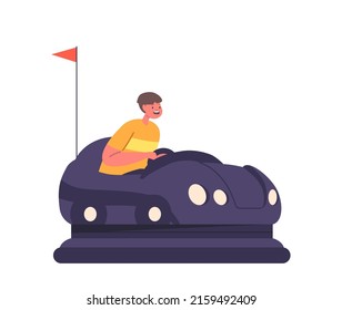 Kid Riding Bumper Car, Electric Automobile, Attraction in Amusement Park. Isolated Child Character Fun at Funfair or Carnival Entertainment Riding Violet Dodgem. Cartoon People Vector Illustration