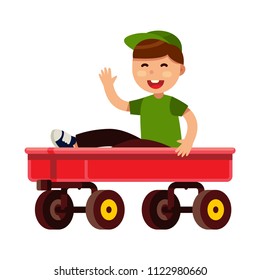 kid riding on red wagon in flat style vector illustration