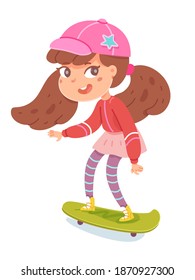 Kid riding on skateboard. Happy girl skating on board with speed, isolated on white background. Recreation at skatepark playground vector illustration. Modern youth leisure.