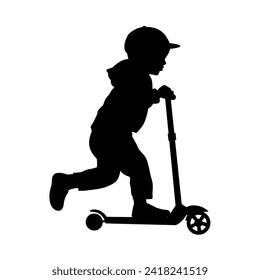 Kid riding scooter, happy kid riding a scooter silhouette