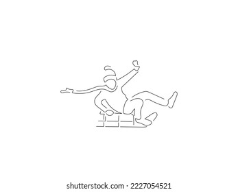 Kid riding a sleigh in line art drawing style. Composition of a winter scene. Black linear sketch isolated on white background. Vector illustration design.