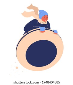 Kid riding snow tubing donut. Concept character happy and smiling jumping with winter leisure equipment