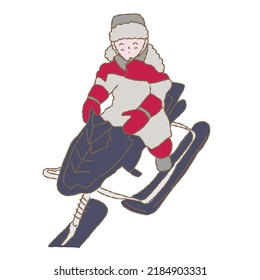 Kid riding snowmobile. Child wearing winter jacket. Hand drawn flat vector illustration cartoon character isolated on white background
