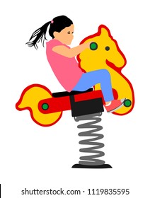 Kid Riding Toy Horse Rocking. Girl Riding A Spring Horse Ride In Park Playground Vector Illustration Isolated. Toddler On Spring See Saw. Baby On Wooden Pony. Happy Girl With Pony Tail Swinging Seesaw