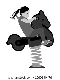 Kid Riding Toy Horse Rocking. Girl Riding A Spring Horse Ride In Park Playground Vector Illustration Isolated. Toddler On Spring See Saw. Baby On Wooden Pony. Happy Girl With Pony Tail Swinging Seesaw