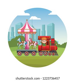 Kid riding train cartoon