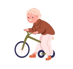 Kid Riding Tricycle. Cute Little Preschool Boy On Bicycle Toy. Kindergarten Nursery Child, Happy Funny Smiling Toddler Cycling On Small Bike. Flat Vector Illustration Isolated On White Background.