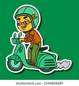 Kid Riding Vespa Scooter Doodle Sticker Illustration