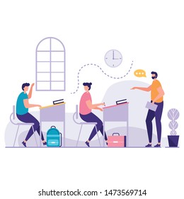 Kid Rising His Hand In Classroom vector illustration. education concept design