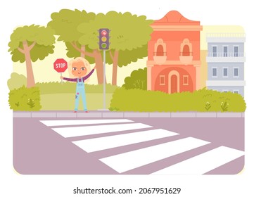 Kid with road stop sign standing on crosswalk zebra near traffic light, pedestrian crossing vector illustration. Cartoon cute urban cityscape, girl character holding red warning sign background