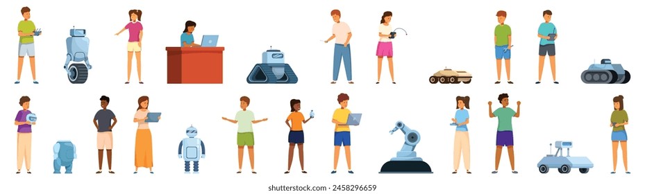 Kid robot class icons set cartoon vector. Engineering data. Device android