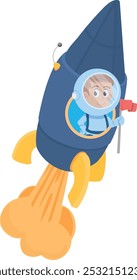 Kid in rocket. Cartoon child character in flying spacecraft