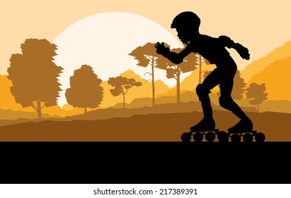 Kid roller skating in park vector background concept